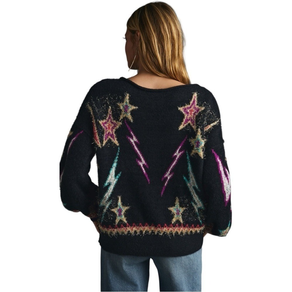 Anthropologie Pilcro‎ Sparkle Star Lurex Pullover Sweater Black Multicolor XS